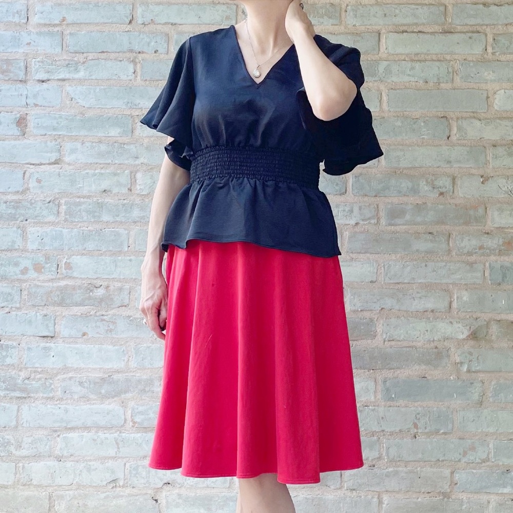 Express Satin Top Black Silky Flutter Smocked Butterfly Blouse Peplum Stretch - Picture 4 of 14